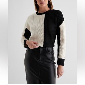 Express Cable Knit Ribbed Color Block Crew Neck Sweater